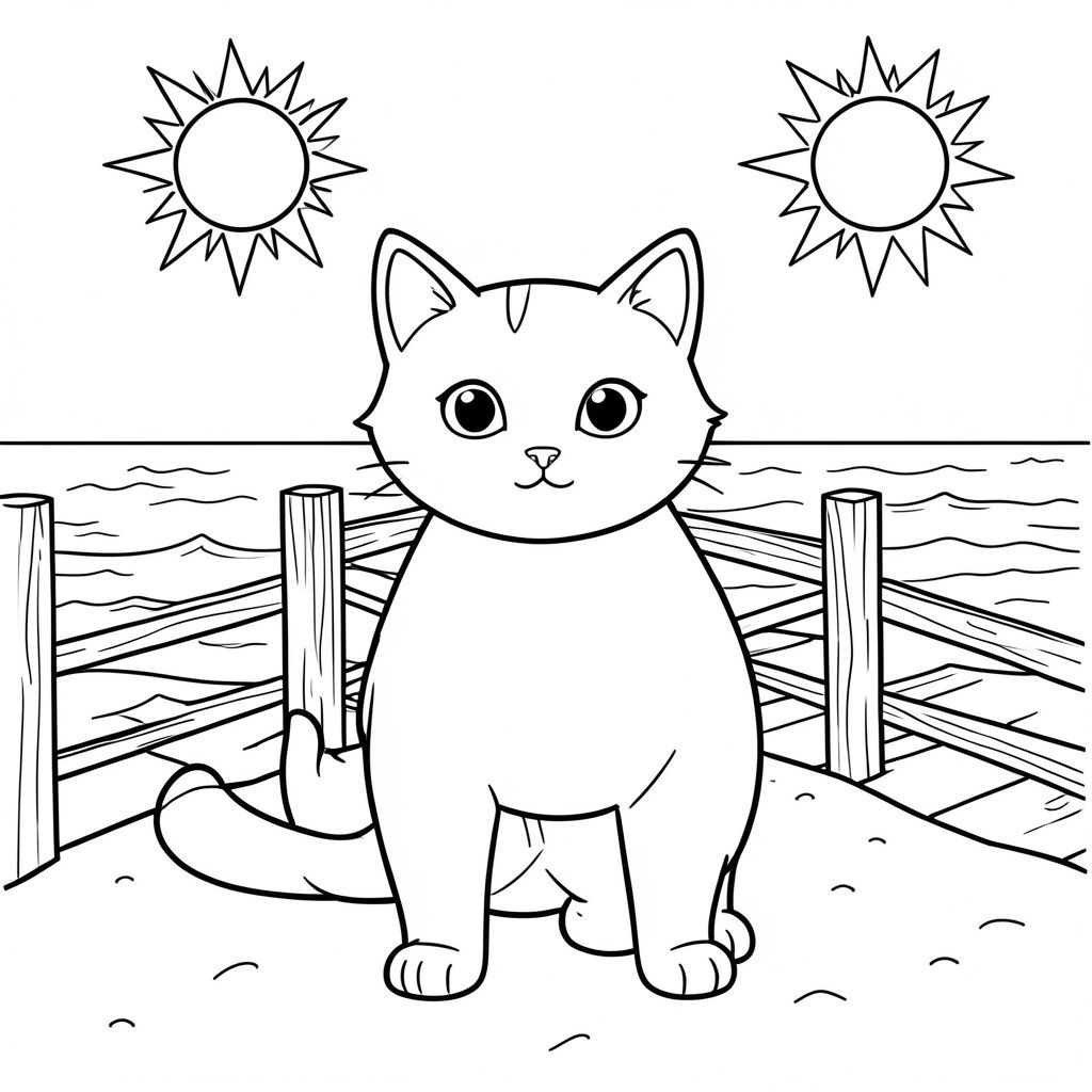 solo, chủ đề đơn, một đầu, hai mắt, hai tai, bốn chân, một đuôi, tỷ lệ tự nhiên, quy mô thích hợp trong môi trường, đúng giải phẫu, con mèo, mặt trời, bờ biển, lối đi lát ván, lan can gỗ, nước trong, cát, ánh sáng mặt trời, bầu trời, đại dương, sóng, trang màu, nghệ thuật đường, nền trắng, solo, chủ đề đơn, đúng về mặt giải phẫu, giải phẫu hoàn hảo
