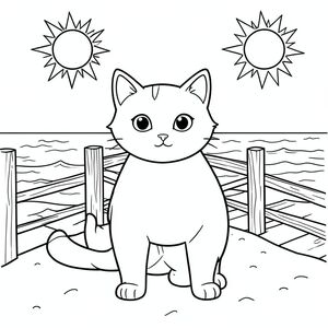 solo, chủ đề đơn, một đầu, hai mắt, hai tai, bốn chân, một đuôi, tỷ lệ tự nhiên, quy mô thích hợp trong môi trường, đúng giải phẫu, con mèo, mặt trời, bờ biển, lối đi lát ván, lan can gỗ, nước trong, cát, ánh sáng mặt trời, bầu trời, đại dương, sóng, trang màu, nghệ thuật đường, nền trắng, solo, chủ đề đơn, đúng về mặt giải phẫu, giải phẫu hoàn hảo