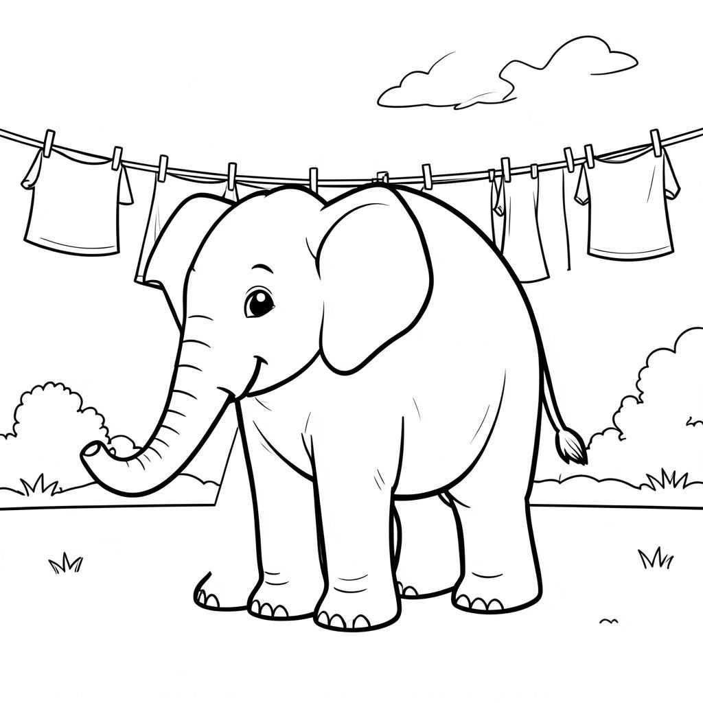 solo, một con voi, một đầu, hai mắt, hai tai lớn, một thân cây, bốn chân, một đuôi, chân trên mặt đất vững chắc, tỷ lệ tự nhiên, quy mô thích hợp trong môi trường, đúng về mặt giải phẫu, voi, sân có ánh nắng, dây chuyền giặt, gió, quần áo sấy khô, nền đơn giản, dọn dẹp, tinh khiết, sách truyện, đơn giản, trang tô màu, nghệ thuật đường, nền trắng, solo, chủ đề đơn, đúng giải phẫu, giải phẫu hoàn hảo