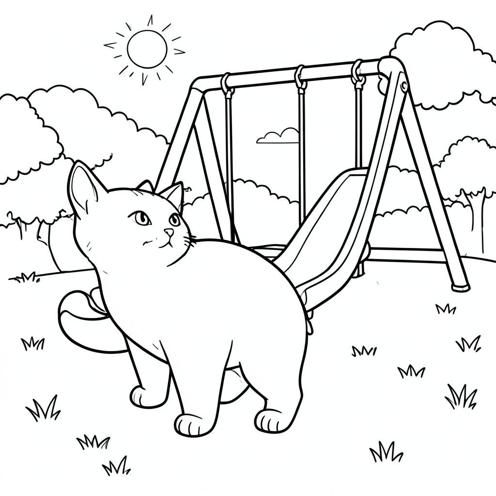 solo, chủ đề đơn, một đầu, hai mắt, hai tai, bốn chân, một đuôi, tỷ lệ tự nhiên, quy mô thích hợp trong môi trường, đúng giải phẫu, con mèo, sân chơi, xích đu, trượt, công viên cỏ, nắng, rõ ràng, đơn giản, dọn dẹp, lý lịch, tuyến tính, trang màu, nghệ thuật đường, nền trắng, solo, chủ đề đơn, đúng về mặt giải phẫu, giải phẫu hoàn hảo