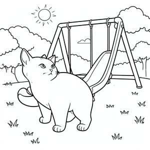 solo, chủ đề đơn, một đầu, hai mắt, hai tai, bốn chân, một đuôi, tỷ lệ tự nhiên, quy mô thích hợp trong môi trường, đúng giải phẫu, con mèo, sân chơi, xích đu, trượt, công viên cỏ, nắng, rõ ràng, đơn giản, dọn dẹp, lý lịch, tuyến tính, trang màu, nghệ thuật đường, nền trắng, solo, chủ đề đơn, đúng về mặt giải phẫu, giải phẫu hoàn hảo