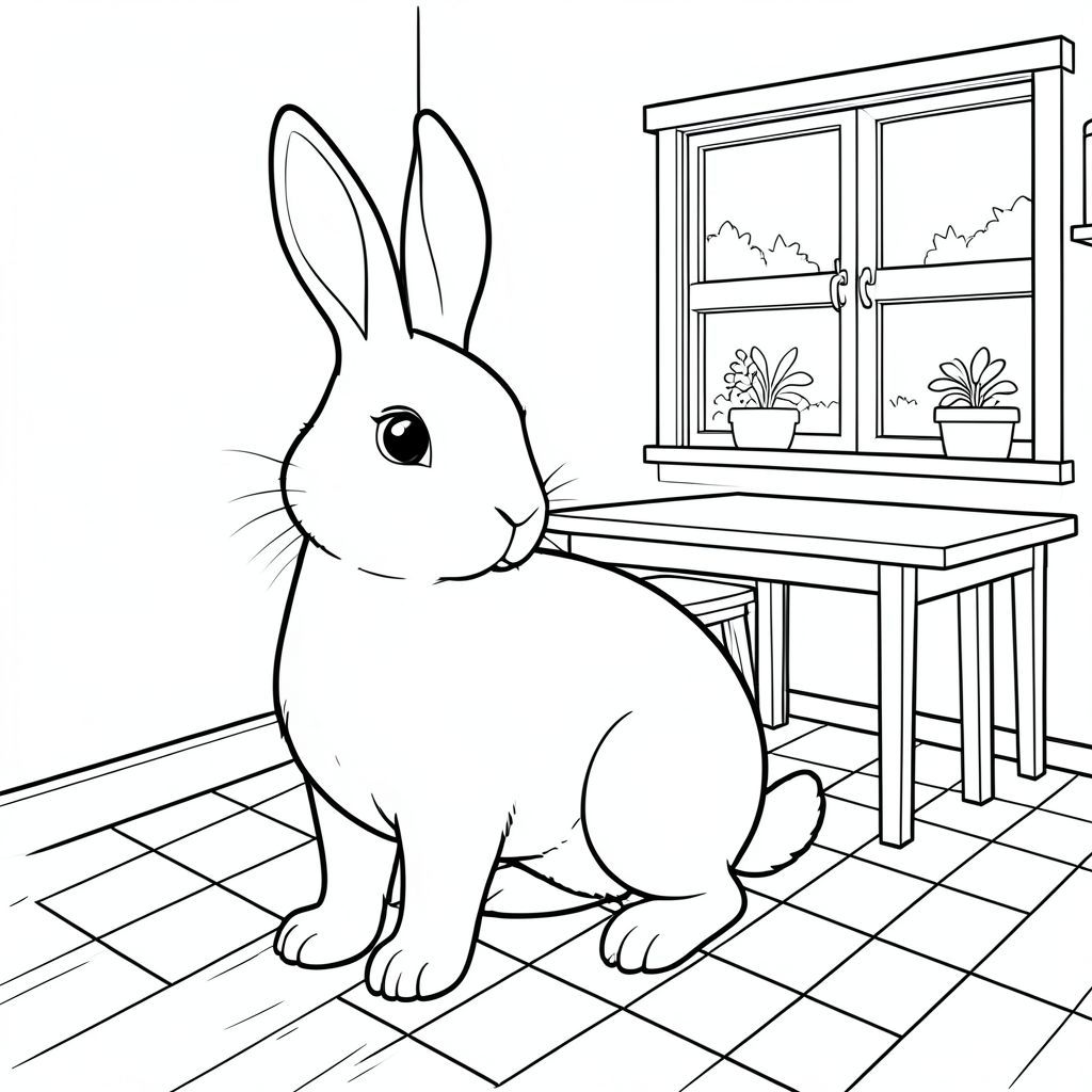 solo, chủ đề đơn, một đầu, hai mắt, hai tai, bốn chân, một đuôi, tỷ lệ tự nhiên, quy mô thích hợp trong môi trường, đúng giải phẫu, thỏ, cửa sổ, nhà bếp, nhỏ, vườn, đơn giản, sạch sẽ, gỗ, sàn nhà, gạch, bàn, trang màu, nghệ thuật đường, nền trắng, solo, chủ đề đơn, đúng về mặt giải phẫu, giải phẫu hoàn hảo