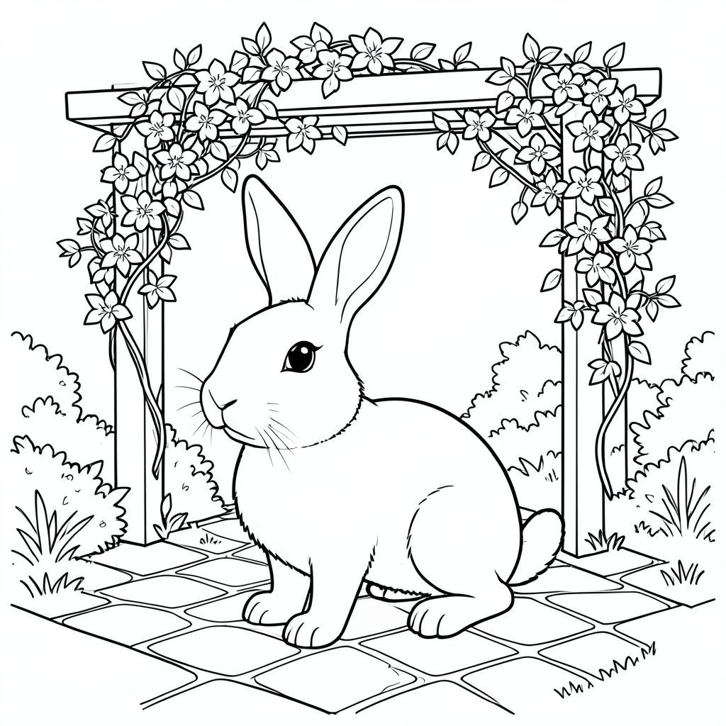 solo, chủ đề đơn, một đầu, hai mắt, hai tai, bốn chân, một đuôi, tỷ lệ tự nhiên, quy mô thích hợp trong môi trường, đúng giải phẫu, thỏ, sân đá, pergola, leo hoa nhài, ánh sáng mặt trời, vườn, nền đơn giản, dọn dẹp, nhỏ, thiết lập sân vườn, yên bình, trang tô màu, nghệ thuật đường, nền trắng, solo, chủ đề đơn, đúng giải phẫu, giải phẫu hoàn hảo