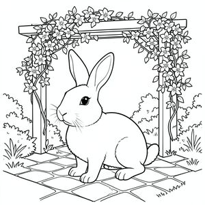 solo, chủ đề đơn, một đầu, hai mắt, hai tai, bốn chân, một đuôi, tỷ lệ tự nhiên, quy mô thích hợp trong môi trường, đúng giải phẫu, thỏ, sân đá, pergola, leo hoa nhài, ánh sáng mặt trời, vườn, nền đơn giản, dọn dẹp, nhỏ, thiết lập sân vườn, yên bình, trang tô màu, nghệ thuật đường, nền trắng, solo, chủ đề đơn, đúng giải phẫu, giải phẫu hoàn hảo