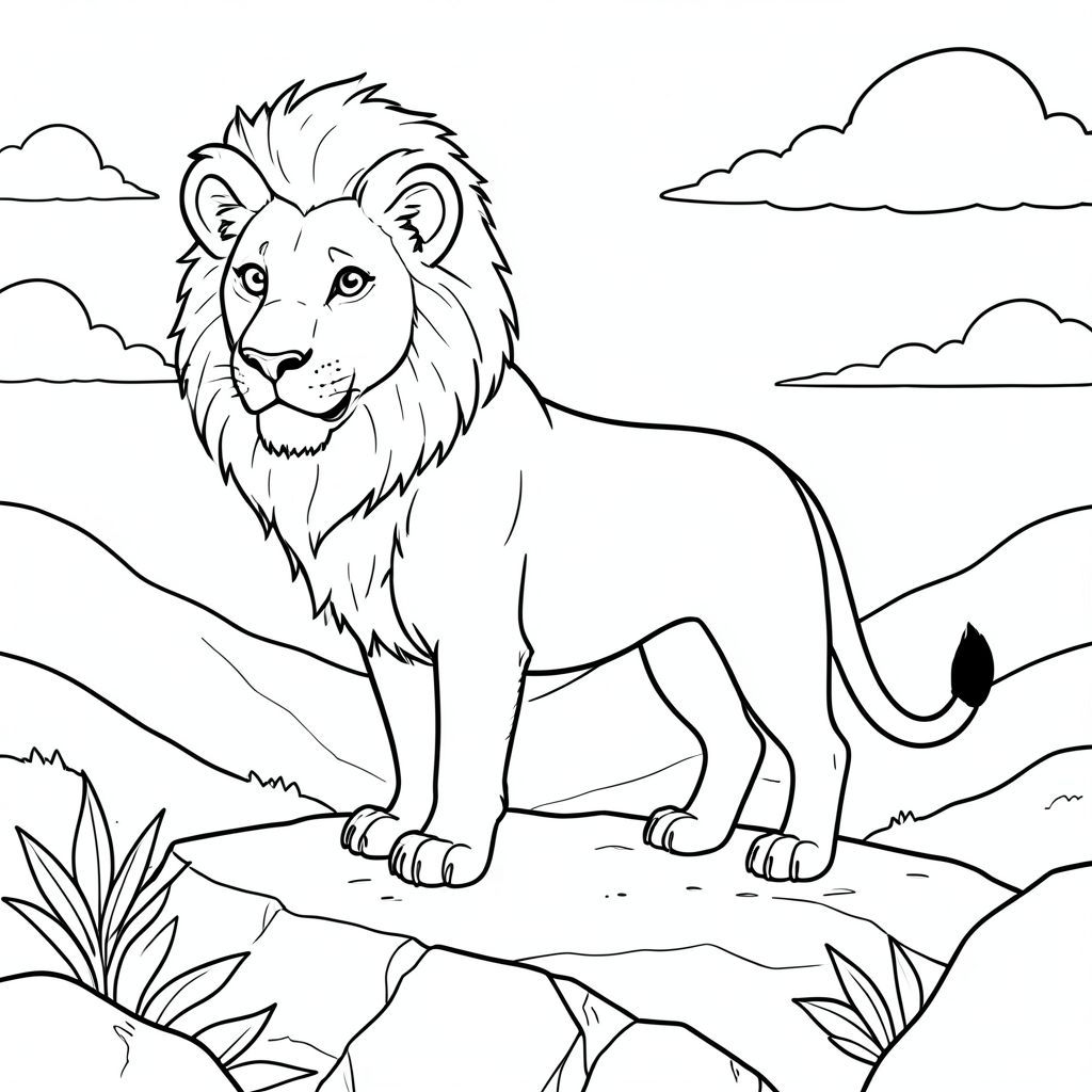 solo, chủ đề đơn, một đầu, hai mắt, hai tai, bốn chân, một đuôi, tỷ lệ tự nhiên, quy mô thích hợp trong môi trường, đúng giải phẫu, sư tử, Mỏm đá, Đỉnh đồi, thung lũng, sương mù, đơn giản, sạch sẽ, lý lịch, phong cảnh, đường chân trời, đám mây, trang màu, nghệ thuật đường, nền trắng, solo, chủ đề đơn, đúng về mặt giải phẫu, giải phẫu hoàn hảo