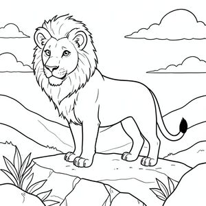 solo, chủ đề đơn, một đầu, hai mắt, hai tai, bốn chân, một đuôi, tỷ lệ tự nhiên, quy mô thích hợp trong môi trường, đúng giải phẫu, sư tử, Mỏm đá, Đỉnh đồi, thung lũng, sương mù, đơn giản, sạch sẽ, lý lịch, phong cảnh, đường chân trời, đám mây, trang màu, nghệ thuật đường, nền trắng, solo, chủ đề đơn, đúng về mặt giải phẫu, giải phẫu hoàn hảo