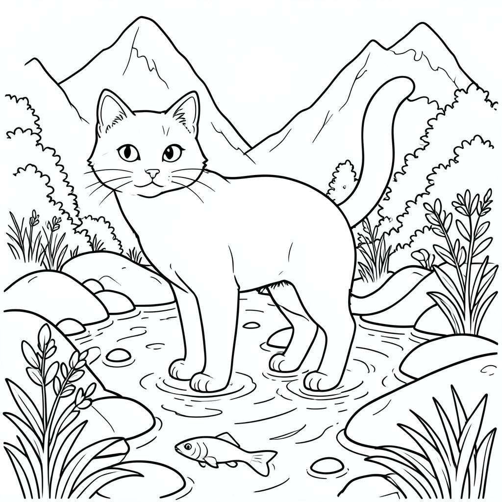 solo, chủ đề đơn, một đầu, hai mắt, hai tai, bốn chân, một đuôi, tỷ lệ tự nhiên, quy mô thích hợp trong môi trường, đúng giải phẫu, con mèo, suối núi, cải xoong, cá nhỏ, nước trong, đá, ánh sáng mặt trời, đá mịn, tán lá, chảy, yên tĩnh, trang màu, nghệ thuật đường, nền trắng, solo, chủ đề đơn, đúng giải phẫu, giải phẫu hoàn hảo