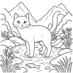 solo, chủ đề đơn, một đầu, hai mắt, hai tai, bốn chân, một đuôi, tỷ lệ tự nhiên, quy mô thích hợp trong môi trường, đúng giải phẫu, con mèo, suối núi, cải xoong, cá nhỏ, nước trong, đá, ánh sáng mặt trời, đá mịn, tán lá, chảy, yên tĩnh, trang màu, nghệ thuật đường, nền trắng, solo, chủ đề đơn, đúng giải phẫu, giải phẫu hoàn hảo