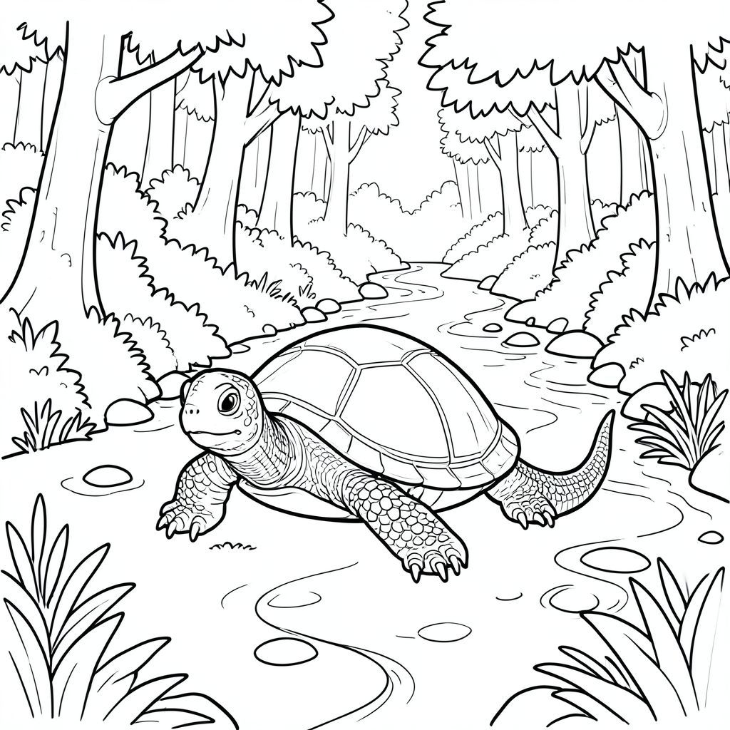 solo, rùa đơn, một đầu, hai mắt, bốn chân, một vỏ, một đuôi, bàn chân trên mặt đất vững chắc, tỷ lệ tự nhiên, quy mô thích hợp trong môi trường, đúng giải phẫu, rùa, Cầu đá, suối rừng, nước bập bẹ, rừng, cây, tán lá, ánh sáng mặt trời, con đường, quanh co, đá mịn, trang màu, nghệ thuật đường, nền trắng, solo, chủ đề đơn, đúng về mặt giải phẫu, giải phẫu hoàn hảo