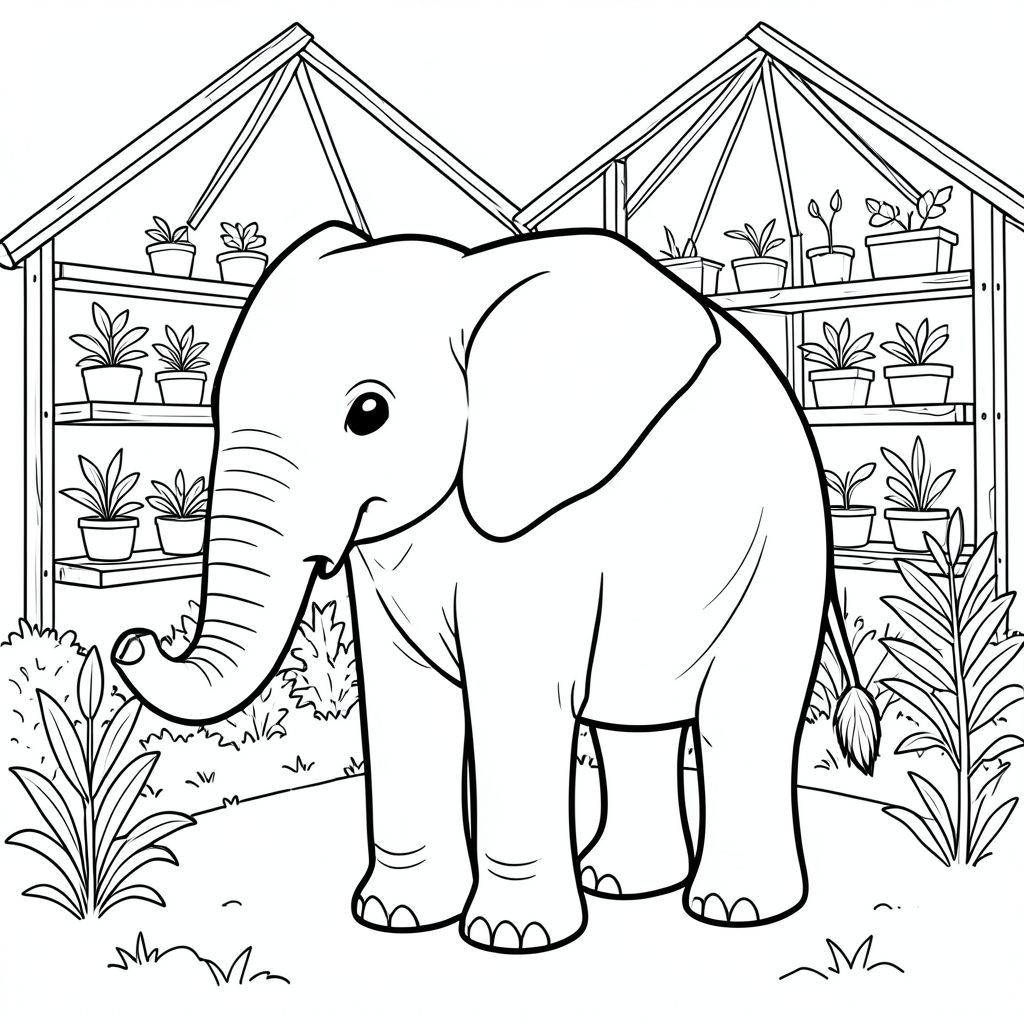 solo, một con voi, một đầu, hai mắt, hai tai lớn, một thân cây, bốn chân, một đuôi, bàn chân trên nền vững chắc, tỷ lệ tự nhiên, quy mô thích hợp trong môi trường, đúng giải phẫu, voi, nhà kính, cây con, kệ gỗ, nền đơn giản, môi trường sạch sẽ, tự nhiên, ngoài trời, tán lá, thực vật, dọc, trang màu, nghệ thuật đường, nền trắng, solo, chủ đề đơn, đúng về mặt giải phẫu, giải phẫu hoàn hảo