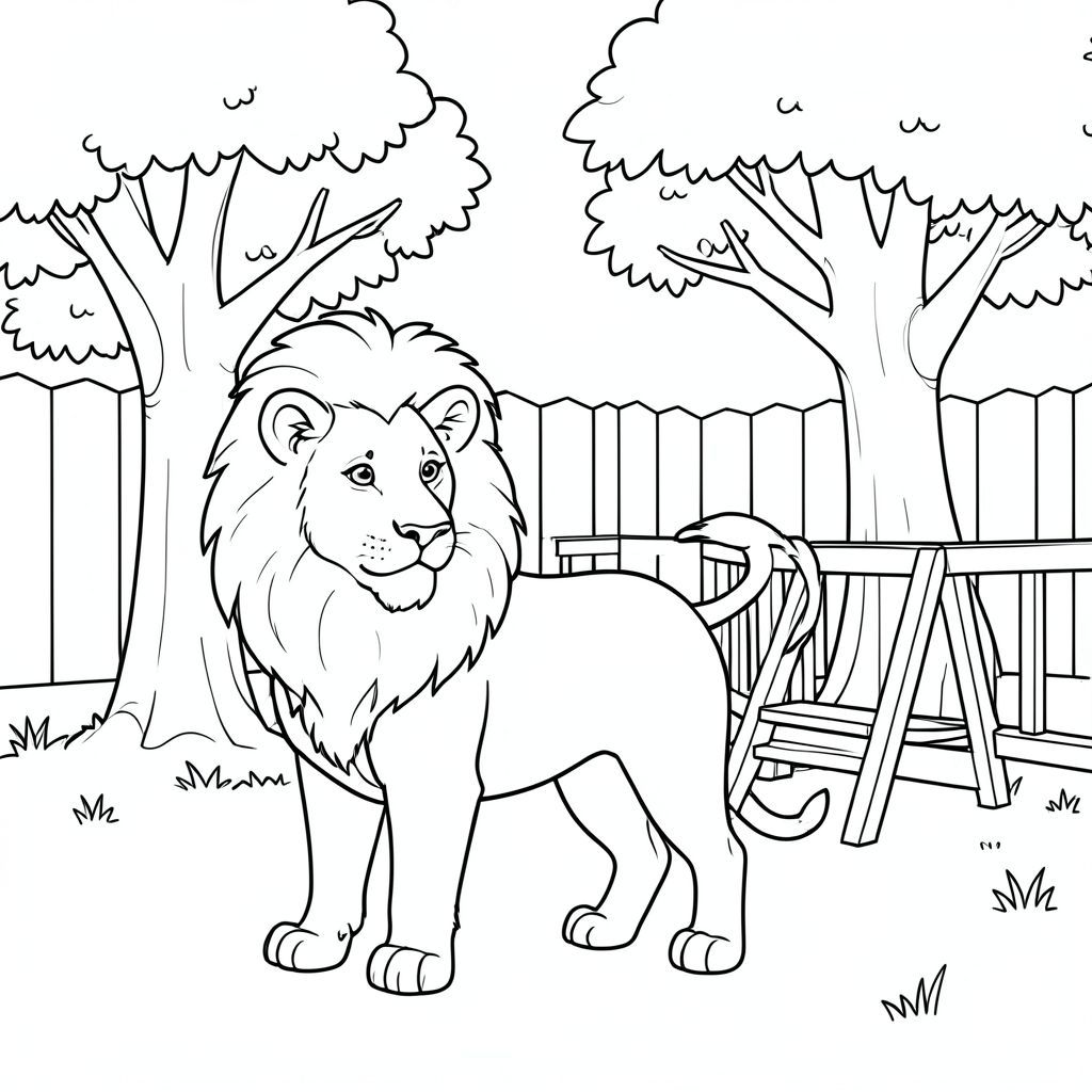 solo, chủ đề đơn, một đầu, hai mắt, hai tai, bốn chân, một đuôi, tỷ lệ tự nhiên, quy mô thích hợp trong môi trường, đúng giải phẫu, sư tử, cây, sân sau, lớn, không gian mở, thang, lan can, bằng gỗ, đơn giản, dọn dẹp, lý lịch, tô màu, nghệ thuật đường, nền trắng, solo, chủ đề đơn, đúng về mặt giải phẫu, giải phẫu hoàn hảo