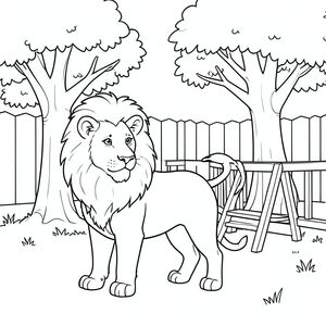 solo, chủ đề đơn, một đầu, hai mắt, hai tai, bốn chân, một đuôi, tỷ lệ tự nhiên, quy mô thích hợp trong môi trường, đúng giải phẫu, sư tử, cây, sân sau, lớn, không gian mở, thang, lan can, bằng gỗ, đơn giản, dọn dẹp, lý lịch, tô màu, nghệ thuật đường, nền trắng, solo, chủ đề đơn, đúng về mặt giải phẫu, giải phẫu hoàn hảo