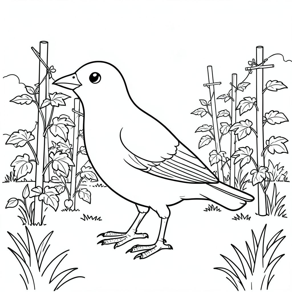 Độc lập, một con chim, một đầu, hai mắt, một mỏ, hai cánh, hai chân, một đuôi, tỷ lệ tự nhiên, quy mô thích hợp trong môi trường, đúng giải phẫu, chim, Vườn rau, Cọc cà chua, Cực đậu, nhỏ, nền đơn giản, dọn dẹp, vườn, Tán lá, cỏ, Ánh sáng mặt trời, Trang tô màu, Nghệ thuật đường, nền trắng, Solo, chủ đề đơn, Đúng giải phẫu, Giải phẫu hoàn hảo