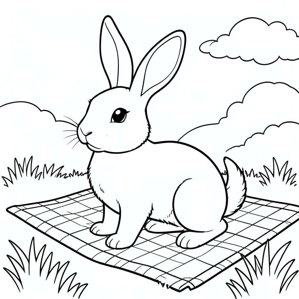 solo, chủ đề đơn, một đầu, hai mắt, hai tai, bốn chân, một đuôi, tỷ lệ tự nhiên, quy mô thích hợp trong môi trường, đúng giải phẫu, thỏ, dọn dẹp dưới ánh nắng mặt trời, cỏ, chăn dã ngoại, nền đơn giản, sạch sẽ, sách truyện, thuần khiết, trang màu, nghệ thuật đường, nền trắng, solo, chủ đề đơn, đúng về mặt giải phẫu, giải phẫu hoàn hảo