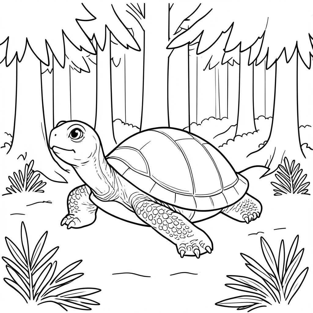 Độc lập, Rùa đơn, một đầu, hai mắt, bốn chân, một vỏ, một đuôi, chân trên mặt đất vững chắc, tỷ lệ tự nhiên, quy mô thích hợp trong môi trường, đúng giải phẫu, rùa, rừng thông, kim, mặt đất, đơn giản, sạch sẽ, rừng, trong sáng, cây, tán lá, độ sâu, trang tô màu, nghệ thuật đường, nền trắng, solo, chủ đề đơn, chính xác về mặt giải phẫu, giải phẫu hoàn hảo