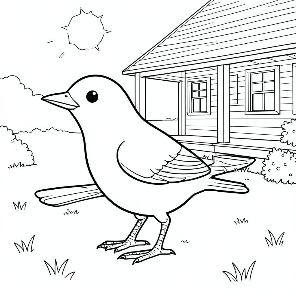 solo, một con chim, một đầu, hai mắt, một mỏ, hai cánh, hai chân, một đuôi, tỷ lệ tự nhiên, quy mô thích hợp trong môi trường, đúng giải phẫu, chim, Trang trại, hiên nhà, bãi cỏ, nắng, đơn giản, sạch sẽ, lý lịch, phong cảnh, nông thôn, nông thôn, trang màu, nghệ thuật đường, nền trắng, solo, chủ đề đơn, đúng về mặt giải phẫu, giải phẫu hoàn hảo