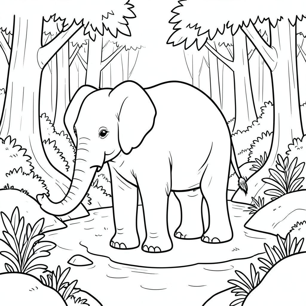 solo, một con voi, một đầu, hai mắt, hai tai lớn, một thân cây, bốn chân, một đuôi, bàn chân trên mặt đất vững chắc, tỷ lệ tự nhiên, quy mô thích hợp trong môi trường, đúng về mặt giải phẫu, voi, Rừng cây, suối, Nước, vẫn, yên tĩnh, rừng, cây cối, tán lá, đá, rêu, trang tô màu, nghệ thuật đường, nền trắng, solo, chủ đề đơn, đúng về mặt giải phẫu, giải phẫu hoàn hảo