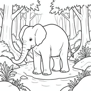 solo, một con voi, một đầu, hai mắt, hai tai lớn, một thân cây, bốn chân, một đuôi, bàn chân trên mặt đất vững chắc, tỷ lệ tự nhiên, quy mô thích hợp trong môi trường, đúng về mặt giải phẫu, voi, Rừng cây, suối, Nước, vẫn, yên tĩnh, rừng, cây cối, tán lá, đá, rêu, trang tô màu, nghệ thuật đường, nền trắng, solo, chủ đề đơn, đúng về mặt giải phẫu, giải phẫu hoàn hảo