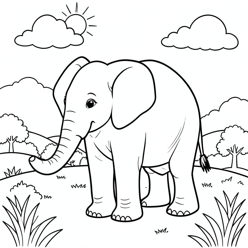 Độc lập, một con voi, một đầu, hai mắt, hai tai lớn, một thân cây, bốn chân, một đuôi, chân trên mặt đất vững chắc, tỷ lệ tự nhiên, quy mô thích hợp trong môi trường, đúng về mặt giải phẫu, voi, cỏ, ngọn đồi, bầu trời, những đám mây, nắng, đơn giản, dọn dẹp, lý lịch, phong cảnh, tán lá, trang màu, nghệ thuật đường, nền trắng, solo, chủ đề đơn, đúng giải phẫu, giải phẫu hoàn hảo