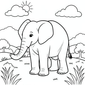 Độc lập, một con voi, một đầu, hai mắt, hai tai lớn, một thân cây, bốn chân, một đuôi, chân trên mặt đất vững chắc, tỷ lệ tự nhiên, quy mô thích hợp trong môi trường, đúng về mặt giải phẫu, voi, cỏ, ngọn đồi, bầu trời, những đám mây, nắng, đơn giản, dọn dẹp, lý lịch, phong cảnh, tán lá, trang màu, nghệ thuật đường, nền trắng, solo, chủ đề đơn, đúng giải phẫu, giải phẫu hoàn hảo