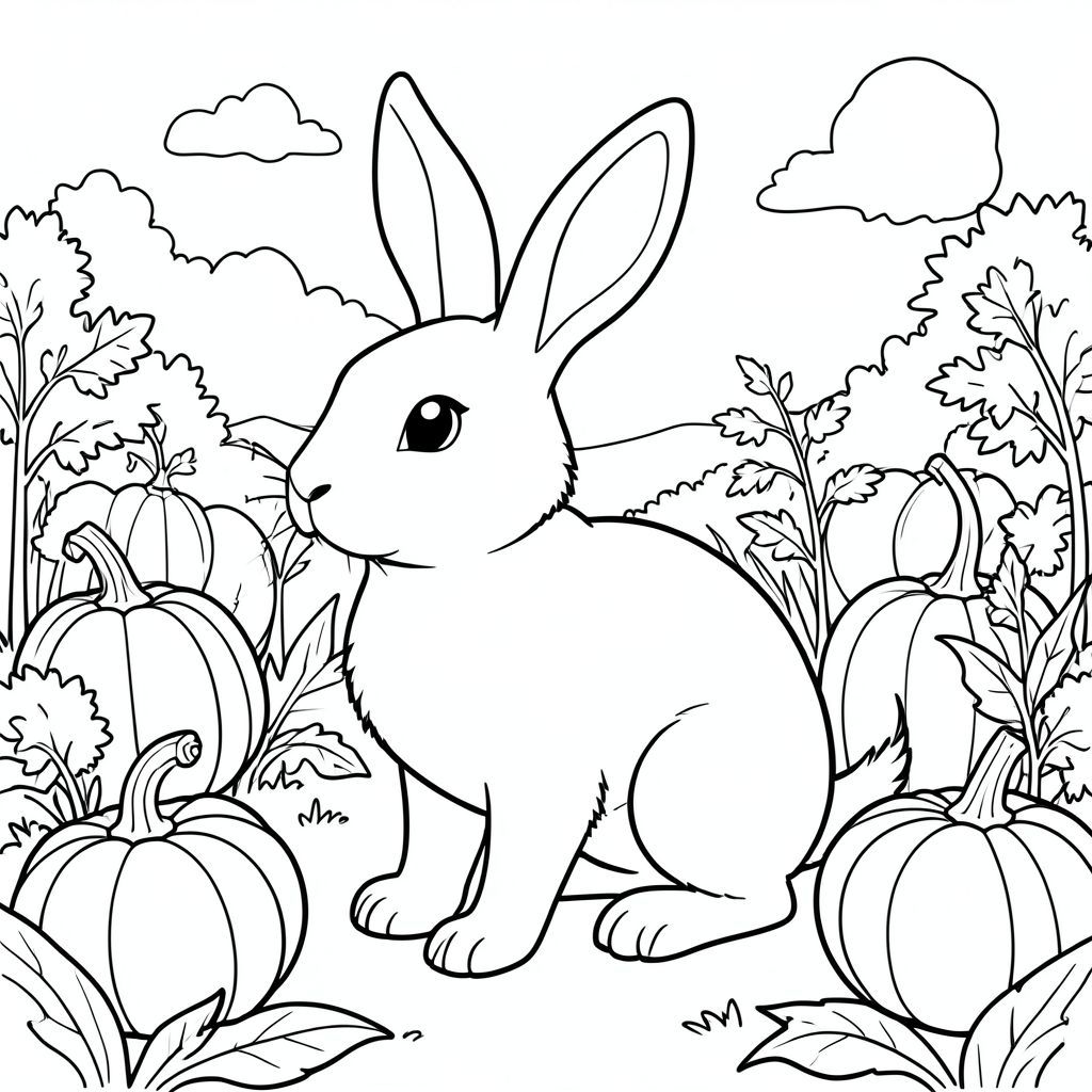 solo, chủ đề đơn, một đầu, hai mắt, hai tai, bốn chân, một đuôi, tỷ lệ tự nhiên, quy mô thích hợp trong môi trường, đúng giải phẫu, thỏ, Miếng vá bí ngô, mùa thu, buổi sáng, bầu, cánh đồng, đơn giản, sạch sẽ, lý lịch, tán lá, ánh sáng mặt trời, trang tô màu, nghệ thuật đường nét, nền trắng, solo, chủ đề đơn, đúng giải phẫu, giải phẫu hoàn hảo