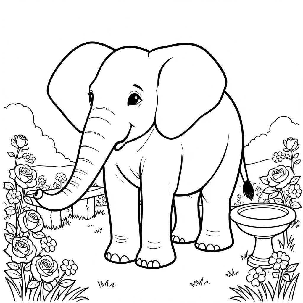 solo, một con voi, một đầu, hai mắt, hai tai lớn, một thân cây, bốn chân, một đuôi, chân trên nền vững chắc, tỷ lệ tự nhiên, quy mô thích hợp trong môi trường, đúng về mặt giải phẫu, voi, vườn, hoa hồng, băng ghế đá, bồn tắm chim, ánh sáng mặt trời, cỏ, hoa, nền đơn giản, làm sạch, tinh khiết, trang màu, nghệ thuật đường, nền trắng, solo, chủ đề đơn, chính xác về mặt giải phẫu, giải phẫu hoàn hảo