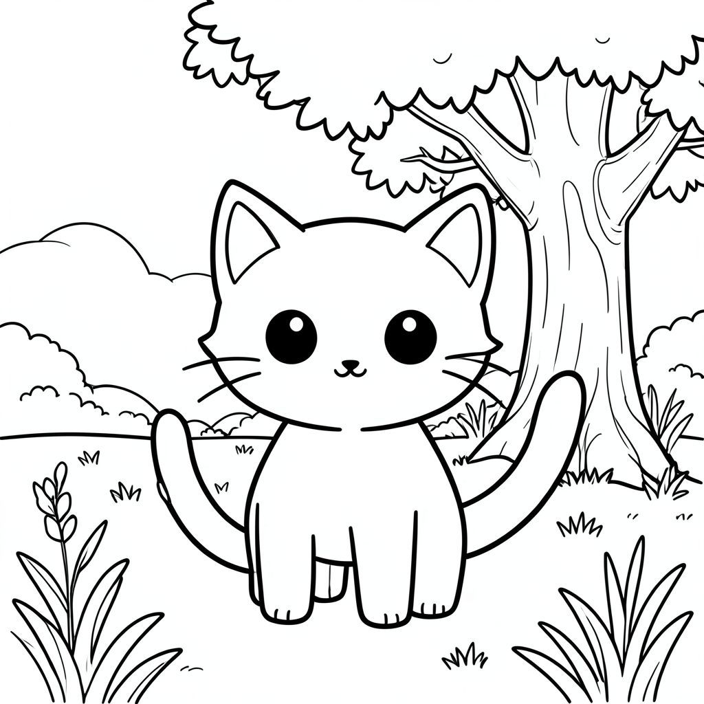 solo, chủ đề đơn, một đầu, hai mắt, hai tai, bốn chân, một đuôi, tỷ lệ tự nhiên, quy mô thích hợp trong môi trường, đúng giải phẫu, con mèo, đồng cỏ, cây sồi, bóng râm, ánh sáng mặt trời, nền đơn giản, dọn dẹp, thuần khiết, sách truyện, dễ thương, chibi, trang tô màu, nghệ thuật đường, nền trắng, solo, chủ đề đơn, đúng giải phẫu, giải phẫu hoàn hảo