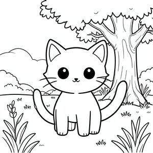 solo, chủ đề đơn, một đầu, hai mắt, hai tai, bốn chân, một đuôi, tỷ lệ tự nhiên, quy mô thích hợp trong môi trường, đúng giải phẫu, con mèo, đồng cỏ, cây sồi, bóng râm, ánh sáng mặt trời, nền đơn giản, dọn dẹp, thuần khiết, sách truyện, dễ thương, chibi, trang tô màu, nghệ thuật đường, nền trắng, solo, chủ đề đơn, đúng giải phẫu, giải phẫu hoàn hảo