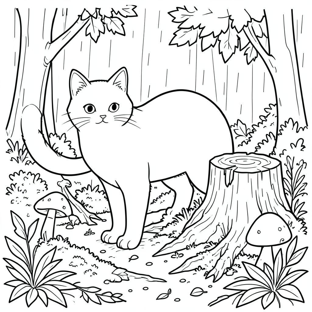 solo, chủ đề đơn, một đầu, hai mắt, hai tai, bốn chân, một đuôi, tỷ lệ tự nhiên, quy mô thích hợp trong môi trường, đúng giải phẫu, con mèo, vá nấm, gốc cây mục nát, rừng ẩm, mùa thu, tán lá, mưa, rêu, lá, trái đất, gỗ, trang màu, nghệ thuật đường, nền trắng, solo, chủ đề đơn, đúng giải phẫu, giải phẫu hoàn hảo