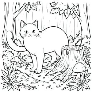 solo, chủ đề đơn, một đầu, hai mắt, hai tai, bốn chân, một đuôi, tỷ lệ tự nhiên, quy mô thích hợp trong môi trường, đúng giải phẫu, con mèo, vá nấm, gốc cây mục nát, rừng ẩm, mùa thu, tán lá, mưa, rêu, lá, trái đất, gỗ, trang màu, nghệ thuật đường, nền trắng, solo, chủ đề đơn, đúng giải phẫu, giải phẫu hoàn hảo