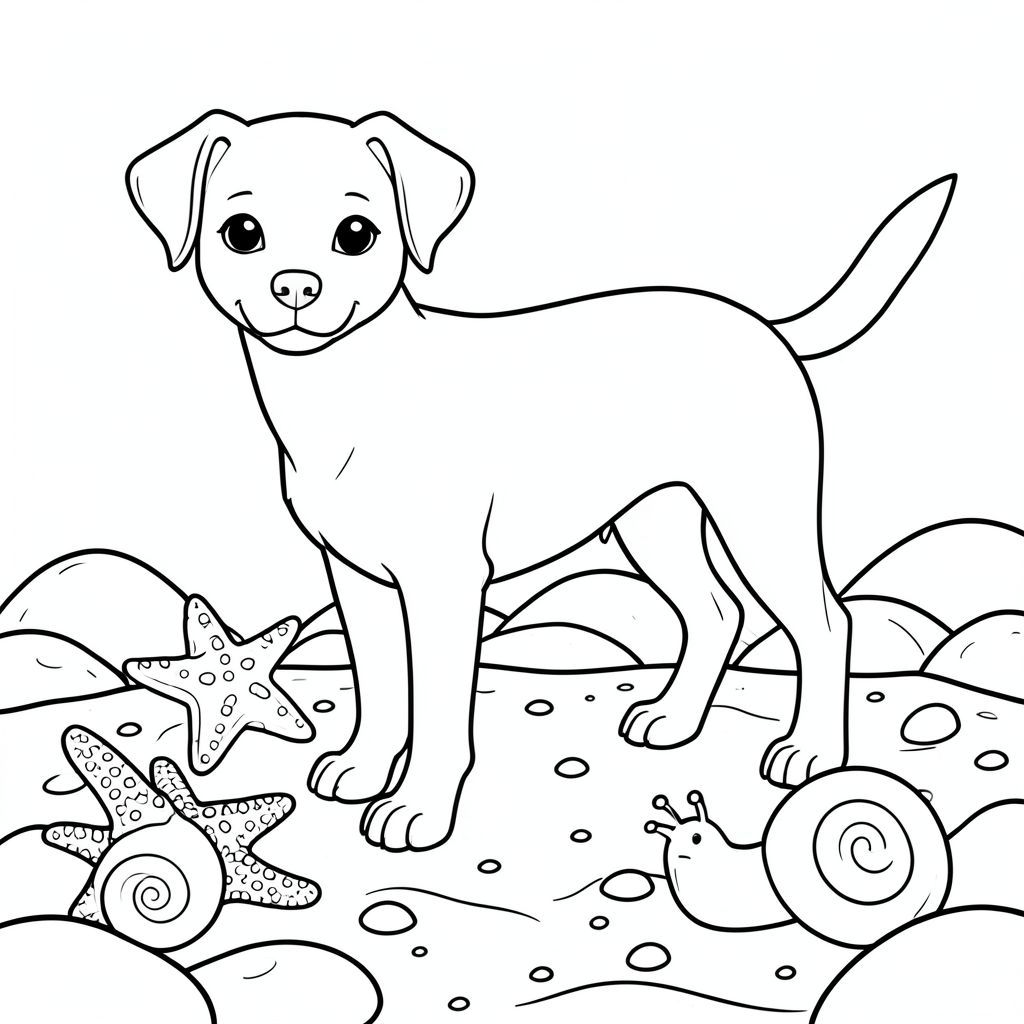 solo, chủ đề đơn, một đầu, hai mắt, hai tai, bốn chân, một đuôi, tỷ lệ tự nhiên, quy mô thích hợp trong môi trường, đúng giải phẫu, chó, Hồ thủy triều, sao biển, ốc sên, đá cuội, cát, nước, rõ ràng, mịn, đá, độ sâu, trang màu, nghệ thuật đường, nền trắng, solo, chủ đề đơn, đúng về mặt giải phẫu, giải phẫu hoàn hảo