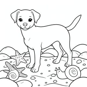 solo, chủ đề đơn, một đầu, hai mắt, hai tai, bốn chân, một đuôi, tỷ lệ tự nhiên, quy mô thích hợp trong môi trường, đúng giải phẫu, chó, Hồ thủy triều, sao biển, ốc sên, đá cuội, cát, nước, rõ ràng, mịn, đá, độ sâu, trang màu, nghệ thuật đường, nền trắng, solo, chủ đề đơn, đúng về mặt giải phẫu, giải phẫu hoàn hảo