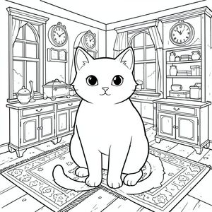 solo, chủ đề đơn, một đầu, hai mắt, hai tai, bốn chân, một đuôi, tỷ lệ tự nhiên, quy mô thích hợp trong môi trường, đúng giải phẫu, con mèo, Cửa hàng đồ cổ, Cửa sổ, đồng hồ, đồ nội thất, kệ, bụi, sàn gỗ, thảm, đồ cũ, cũ, trang màu, nghệ thuật đường, nền trắng, solo, chủ đề đơn, đúng về mặt giải phẫu, giải phẫu hoàn hảo