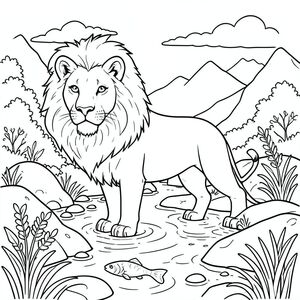 solo, chủ đề đơn, một đầu, hai mắt, hai tai, bốn chân, một đuôi, tỷ lệ tự nhiên, quy mô thích hợp trong môi trường, đúng giải phẫu, sư tử, suối núi, cải xoong, cá nhỏ, nước trong, đá, ánh sáng mặt trời, đá mịn, bầu trời, tán lá, dòng chảy nhẹ nhàng, trang màu, nghệ thuật đường nét, nền trắng, solo, chủ đề đơn, đúng giải phẫu, giải phẫu hoàn hảo