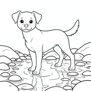 solo, chủ đề đơn, một đầu, hai mắt, hai tai, bốn chân, một đuôi, tỷ lệ tự nhiên, quy mô thích hợp trong môi trường, đúng giải phẫu, chó, Suối, nước, đá, mịn, tròn, đá cuội, ánh sáng mặt trời, phản chiếu, rõ ràng, nhẹ nhàng, trang màu, nghệ thuật đường, nền trắng, solo, chủ đề đơn, đúng giải phẫu, giải phẫu hoàn hảo