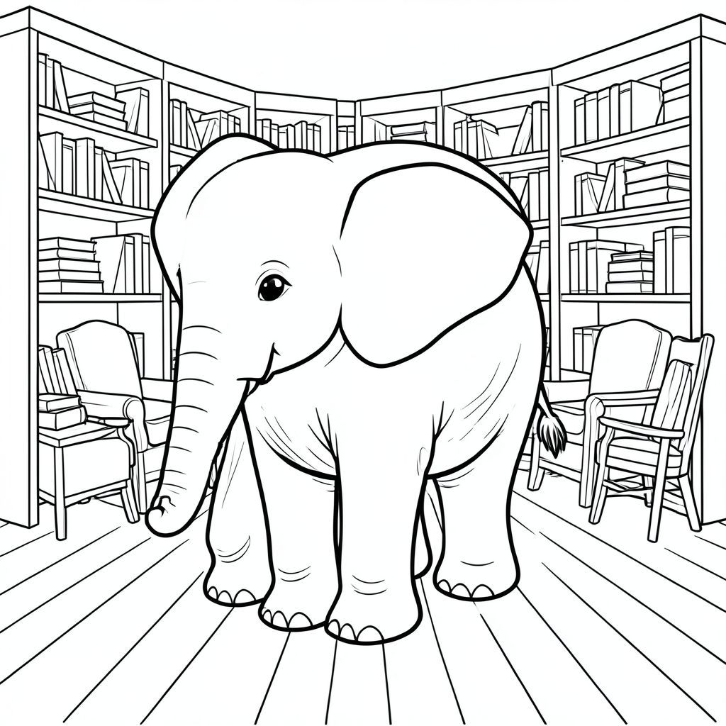 Độc lập, một con voi, một đầu, hai mắt, hai tai lớn, một thân cây, bốn chân, một đuôi, bàn chân trên nền vững chắc, tỷ lệ tự nhiên, quy mô thích hợp trong môi trường, đúng về mặt giải phẫu, voi, giá sách, kệ, ngăn xếp, hàng, ghế đọc sách, thoải mái, ấm cúng, mờ mịt, mềm, sàn gỗ, trang màu, nghệ thuật đường, nền trắng, solo, chủ đề đơn, đúng giải phẫu, giải phẫu hoàn hảo