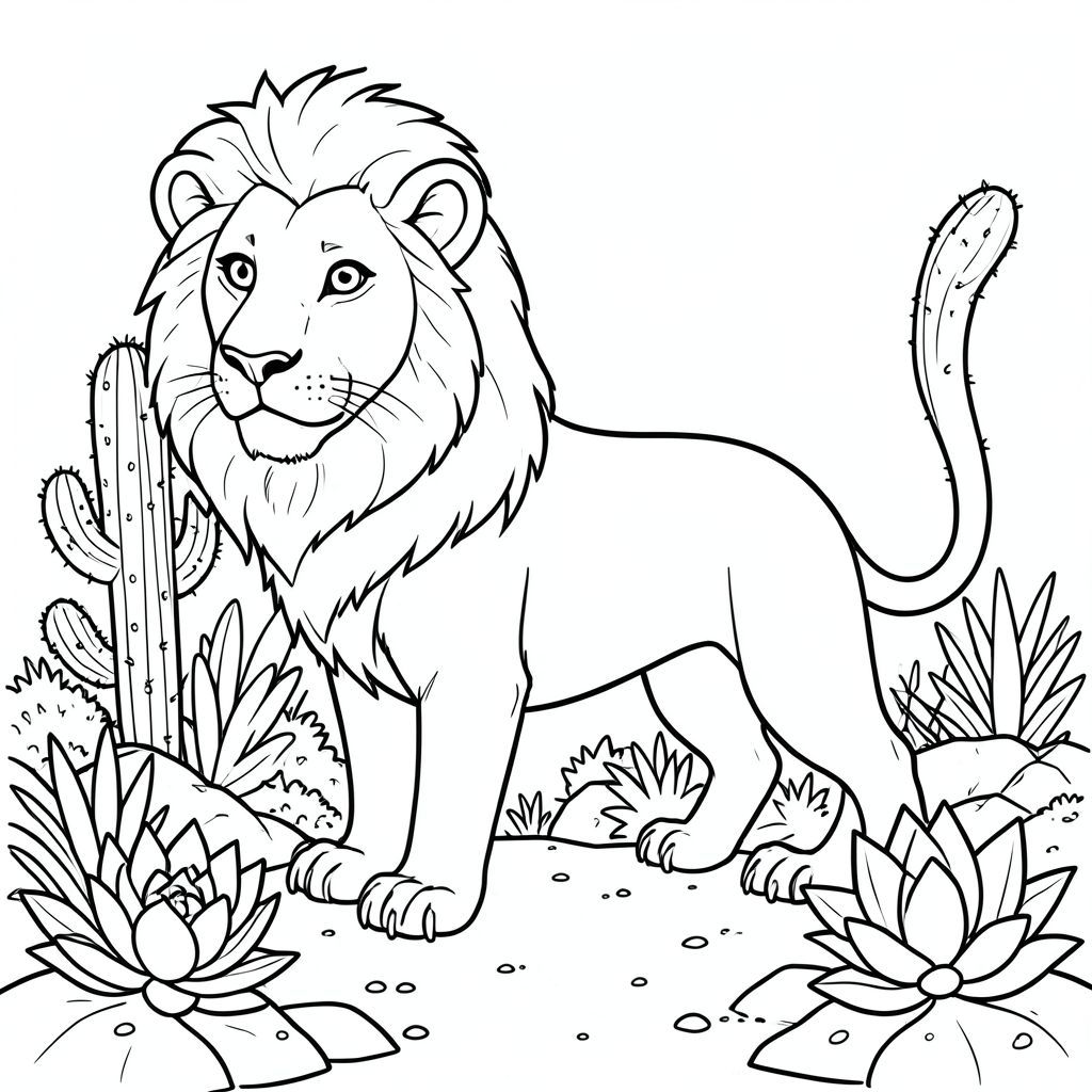 solo, chủ đề đơn, một đầu, hai mắt, hai tai, bốn chân, một đuôi, tỷ lệ tự nhiên, quy mô thích hợp trong môi trường, đúng giải phẫu, sư tử, xương rồng, xương rồng, vườn, sân, sa mạc, nắng, ấm áp, tán lá, đá, đất, trang màu, nghệ thuật đường, nền trắng, solo, chủ đề đơn, chính xác về mặt giải phẫu, giải phẫu hoàn hảo