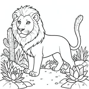 solo, chủ đề đơn, một đầu, hai mắt, hai tai, bốn chân, một đuôi, tỷ lệ tự nhiên, quy mô thích hợp trong môi trường, đúng giải phẫu, sư tử, xương rồng, xương rồng, vườn, sân, sa mạc, nắng, ấm áp, tán lá, đá, đất, trang màu, nghệ thuật đường, nền trắng, solo, chủ đề đơn, chính xác về mặt giải phẫu, giải phẫu hoàn hảo