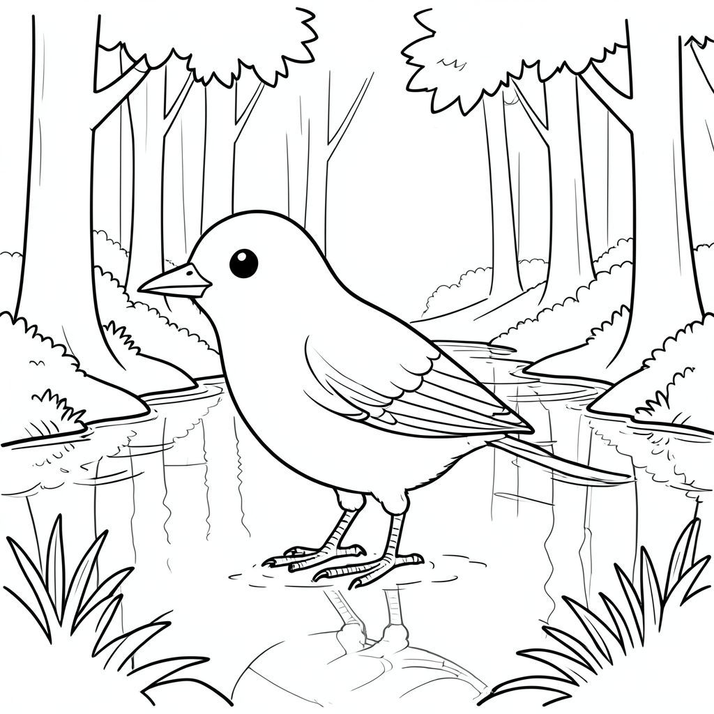 solo, một con chim, một đầu, hai mắt, một mỏ, hai cánh, hai chân, một đuôi, tỷ lệ tự nhiên, quy mô thích hợp trong môi trường, đúng giải phẫu, chim, rừng, ao, phản chiếu, cây cối, nước, trong sáng, thanh thản, đơn giản, sạch sẽ, lý lịch, tô màu, nghệ thuật đường, nền trắng, solo, chủ đề đơn, đúng giải phẫu, giải phẫu hoàn hảo