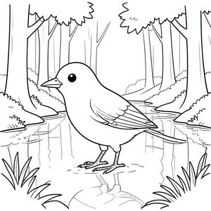 solo, một con chim, một đầu, hai mắt, một mỏ, hai cánh, hai chân, một đuôi, tỷ lệ tự nhiên, quy mô thích hợp trong môi trường, đúng giải phẫu, chim, rừng, ao, phản chiếu, cây cối, nước, trong sáng, thanh thản, đơn giản, sạch sẽ, lý lịch, tô màu, nghệ thuật đường, nền trắng, solo, chủ đề đơn, đúng giải phẫu, giải phẫu hoàn hảo