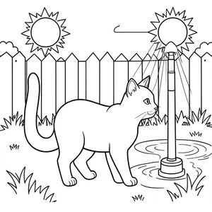 solo, chủ đề đơn, một đầu, hai mắt, hai tai, bốn chân, một đuôi, tỷ lệ tự nhiên, quy mô thích hợp trong môi trường, đúng giải phẫu, con mèo, mặt trời, sân sau, mùa hè, ngày, vòi phun nước, nước chảy, cỏ, trong sáng, sạch sẽ, đơn giản, tô màu, nghệ thuật đường, nền trắng, solo, chủ đề đơn, đúng về mặt giải phẫu, giải phẫu hoàn hảo