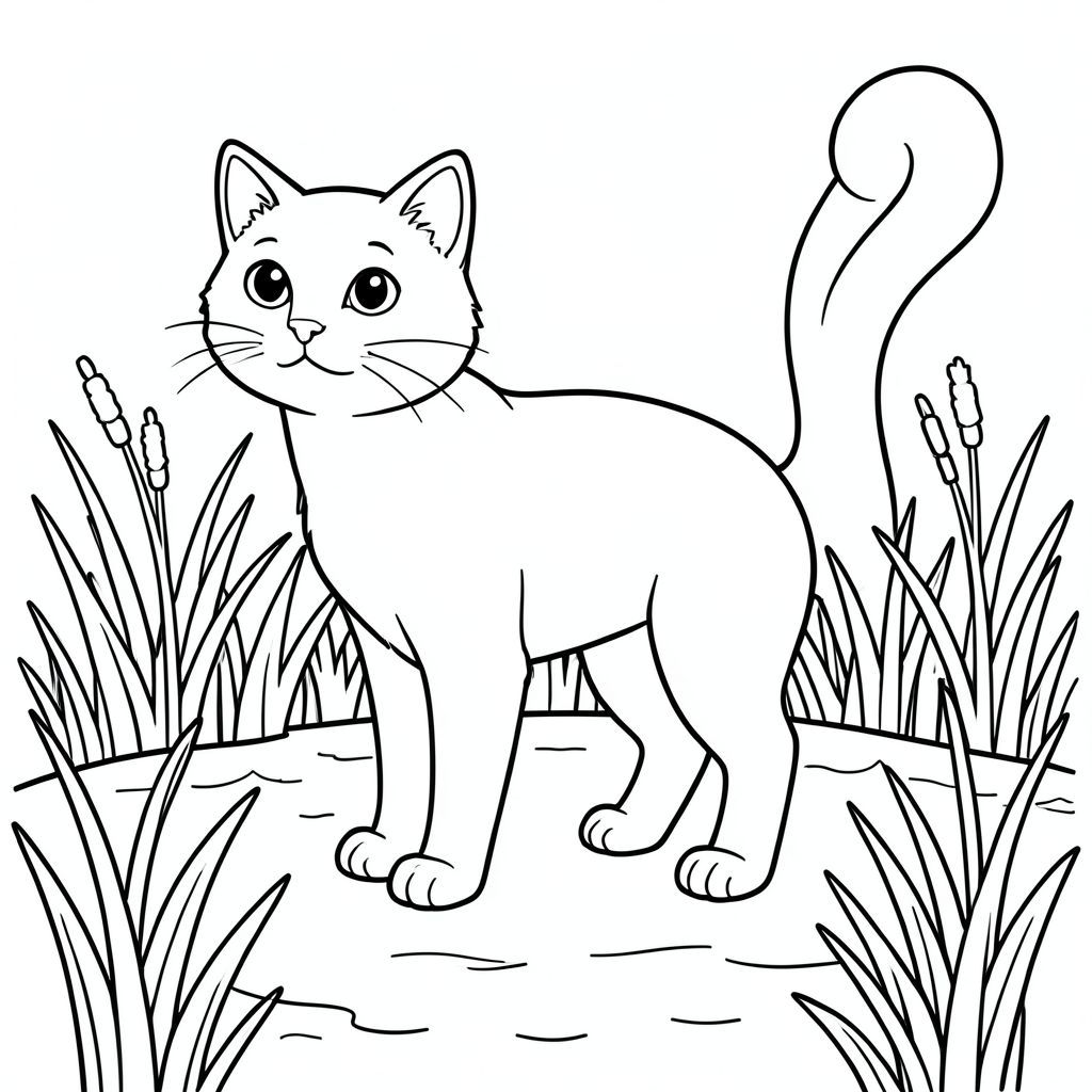 solo, chủ đề đơn, một đầu, hai mắt, hai tai, bốn chân, một đuôi, tỷ lệ tự nhiên, quy mô thích hợp trong môi trường, chính xác về mặt giải phẫu, con mèo, bò đực, đất ngập nước, ao, cánh đồng, cỏ, đơn giản, sạch sẽ, lý lịch, vẽ tay, vẽ nguệch ngoạc, tô màu, nghệ thuật đường, nền trắng, solo, chủ đề đơn, đúng về mặt giải phẫu, giải phẫu hoàn hảo