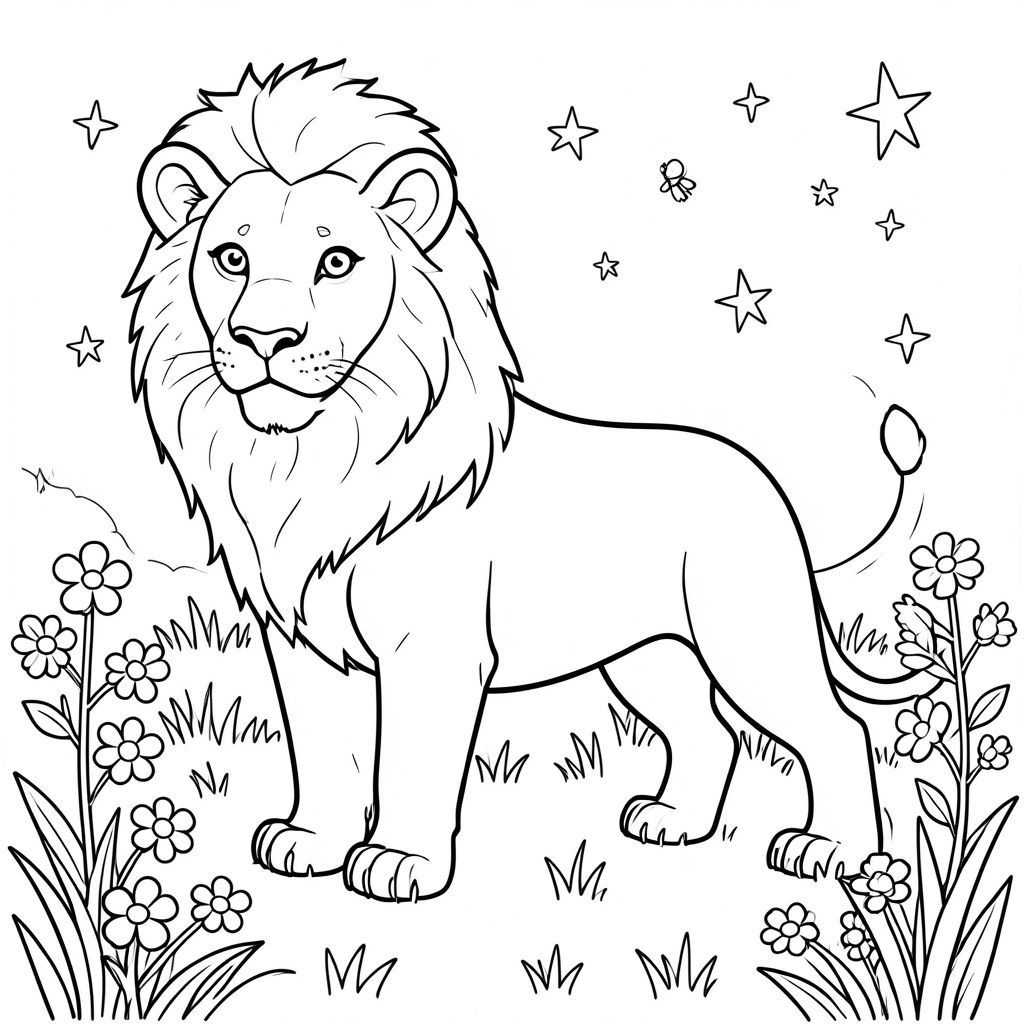 solo, chủ đề đơn, một đầu, hai mắt, hai tai, bốn chân, một đuôi, tỷ lệ tự nhiên, quy mô thích hợp trong môi trường, đúng giải phẫu, sư tử, Buổi tối ấm áp, đồng cỏ, sân sau, Đom đóm, các ngôi sao, mềm, cỏ, hoa, nền đơn giản, dọn dẹp, trang màu, nghệ thuật đường, nền trắng, solo, chủ đề đơn, chính xác về mặt giải phẫu, giải phẫu hoàn hảo