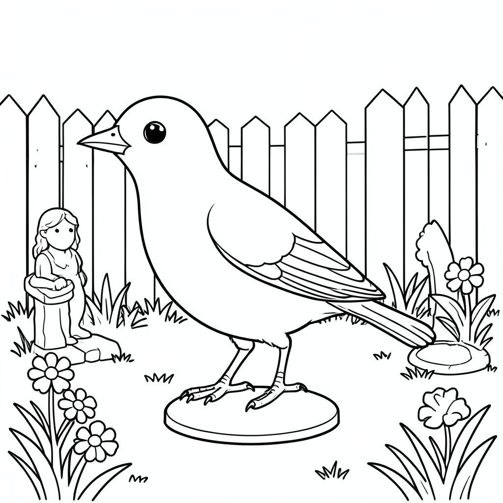 Độc lập, một con chim, một đầu, hai mắt, một mỏ, hai cánh, hai chân, một đuôi, tỷ lệ tự nhiên, quy mô thích hợp trong môi trường, đúng giải phẫu, chim, vườn, bước đệm, tượng, nhỏ, đơn giản, sạch sẽ, cỏ, hoa, bằng gỗ, hàng rào, trang màu, nghệ thuật đường, nền trắng, solo, chủ đề đơn, chính xác về mặt giải phẫu, giải phẫu hoàn hảo