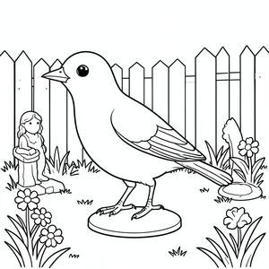 Độc lập, một con chim, một đầu, hai mắt, một mỏ, hai cánh, hai chân, một đuôi, tỷ lệ tự nhiên, quy mô thích hợp trong môi trường, đúng giải phẫu, chim, vườn, bước đệm, tượng, nhỏ, đơn giản, sạch sẽ, cỏ, hoa, bằng gỗ, hàng rào, trang màu, nghệ thuật đường, nền trắng, solo, chủ đề đơn, chính xác về mặt giải phẫu, giải phẫu hoàn hảo