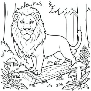 solo, chủ đề đơn, một đầu, hai mắt, hai tai, bốn chân, một đuôi, tỷ lệ tự nhiên, quy mô thích hợp trong môi trường, đúng giải phẫu, sư tử, Rừng, khúc gỗ rỗng, nấm, vỏ cây, lá, ánh sáng mặt trời, nền đơn giản, sạch sẽ, thuần khiết, trang màu, nghệ thuật đường, nền trắng, solo, chủ đề đơn, đúng về mặt giải phẫu, giải phẫu hoàn hảo