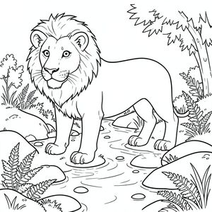 solo, chủ đề đơn, một đầu, hai mắt, hai tai, bốn chân, một đuôi, tỷ lệ tự nhiên, quy mô thích hợp trong môi trường, đúng giải phẫu, sư tử, lòng lạch, đá, nước, nông, dòng suối, ánh sáng mặt trời, đá mịn, rêu, dương xỉ, tán lá, trang màu, nghệ thuật đường, nền trắng, solo, chủ đề đơn, chính xác về mặt giải phẫu, giải phẫu hoàn hảo