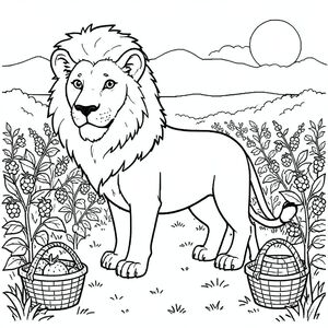 solo, chủ đề đơn, một đầu, hai mắt, hai tai, bốn chân, một đuôi, tỷ lệ tự nhiên, quy mô thích hợp trong môi trường, đúng giải phẫu, sư tử, cánh đồng dâu tây, cây mọng, giỏ, hàng, ánh sáng mặt trời, nền đơn giản, dọn dẹp, Retro, nghệ thuật pixel, tinh khiết, trang tô màu, nghệ thuật đường, nền trắng, solo, chủ đề đơn, đúng giải phẫu, giải phẫu hoàn hảo