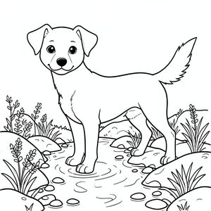 solo, chủ đề đơn, một đầu, hai mắt, hai tai, bốn chân, một đuôi, tỷ lệ tự nhiên, quy mô thích hợp trong môi trường, đúng giải phẫu, chó, Suối, nước, đá, đá cuội, ánh sáng mặt trời, rõ ràng, cải xoong, nhỏ, tươi tốt, chảy, trang màu, nghệ thuật đường, nền trắng, solo, chủ đề đơn, đúng giải phẫu, giải phẫu hoàn hảo
