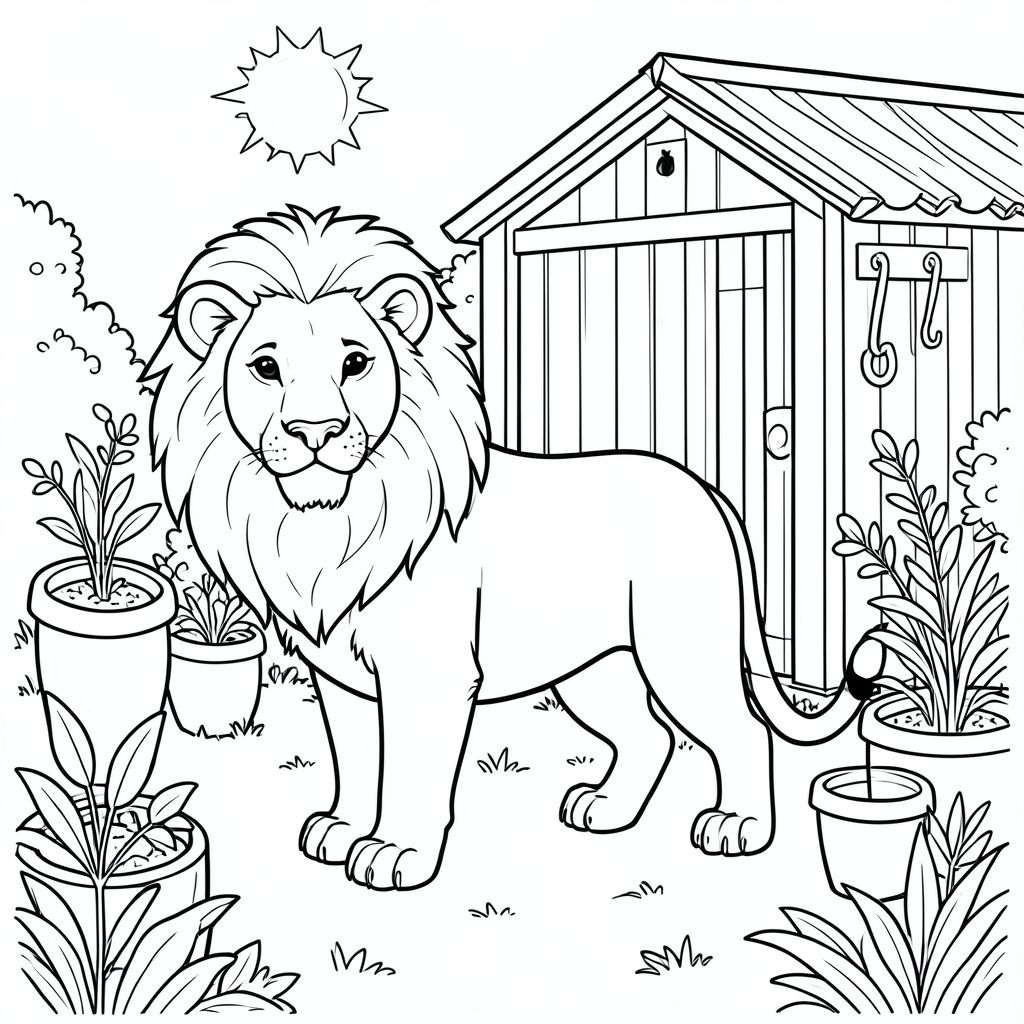 solo, chủ đề đơn, một đầu, hai mắt, hai tai, bốn chân, một đuôi, tỷ lệ tự nhiên, quy mô thích hợp trong môi trường, đúng giải phẫu, sư tử, vườn, nhà kho, đất nung, chậu, công cụ, móc, vườn, thực vật, ánh sáng mặt trời, đơn giản, trang màu, nghệ thuật đường, nền trắng, solo, chủ đề đơn, đúng về mặt giải phẫu, giải phẫu hoàn hảo